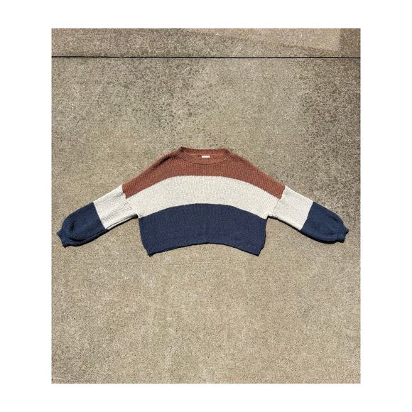 Debut Sweater Women Size Large Brown Cream Blue Long Sleeve Crop Balloon Sleeve - Picture 1 of 4